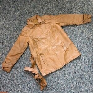 Ambassador Faux Leather Belted Trench Coat Style Jacket Women's Size L Tan